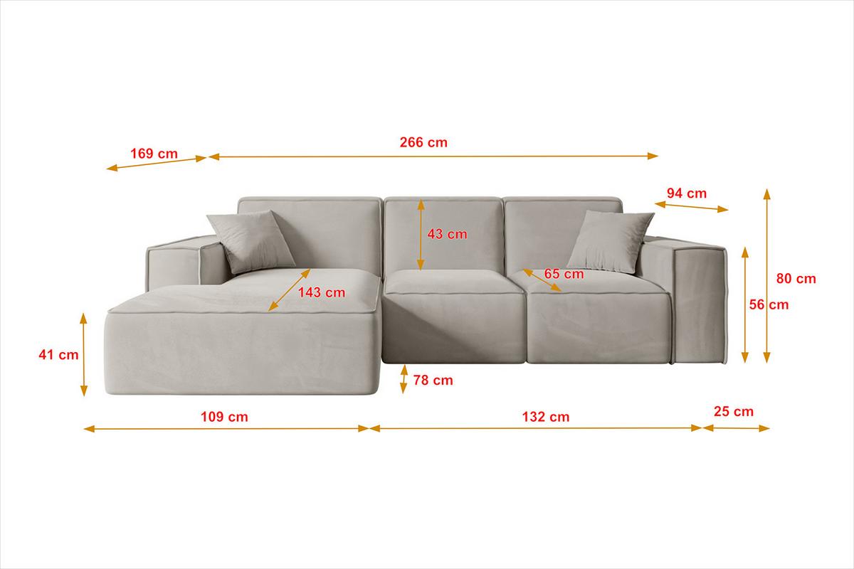 ECKSOFA Ottomane Links SERRA-L - 266x169x80 cm Hellbraun Velours - Hellbraun/Schwarz, Holzwerkstoff/Kunststoff (165/266cm) - ALTDECOR