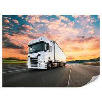 FOTOTAPETE Ein Lastwagen Autobahn Sonnenuntergang Berge 100x70 - Rosa/Orange, Papier (100/70cm) - Muralo