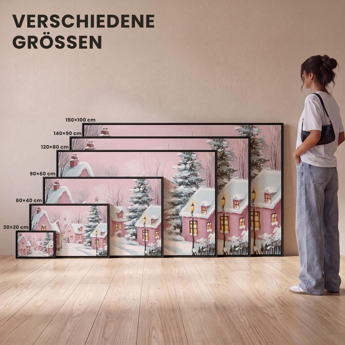 LEINWAND Bilder mit Rahmen - Weihnachtsdorf - Rosa - Winter - Schnee - Häuser - 150x100 - Altrosa, Textil (150/100cm) - MuchoWow