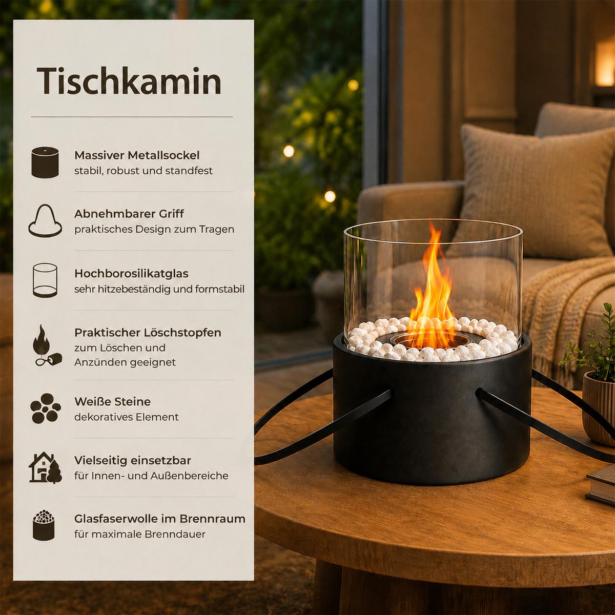 TISCHKAMIN Krythvar 16/16/17.2 cm - Schwarz, Glas/Metall (16/17.2/16cm) - ZMH