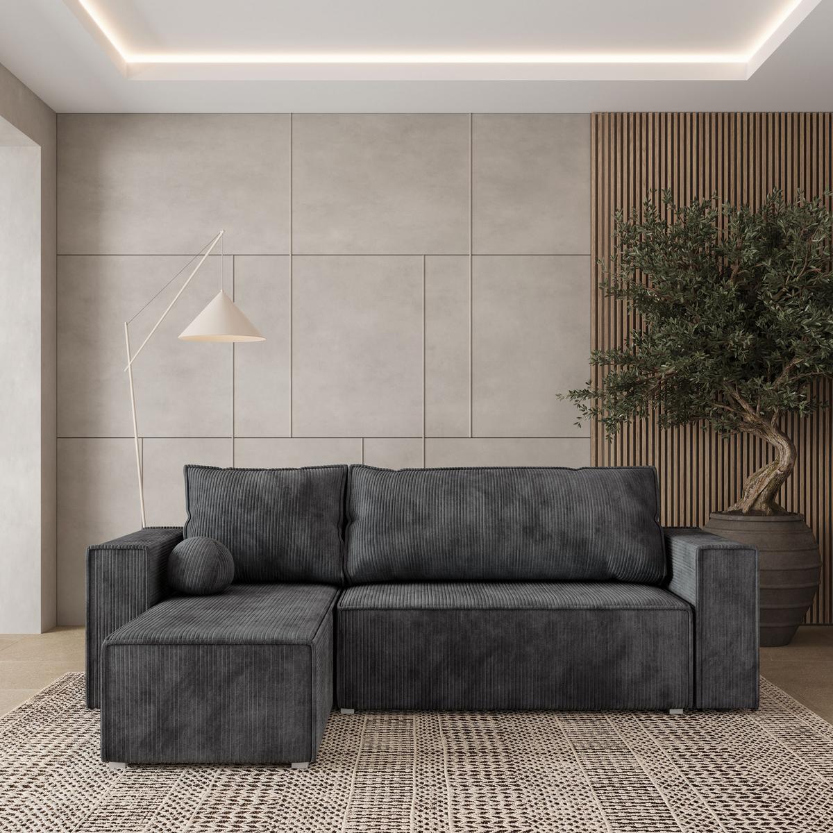 ECKSOFA RAVELO P Graphitfarben Kordstoff mit Schlaffunktion - Graphitfarben/Grau, Holz/Kunststoff (240/140cm) - MASSENO