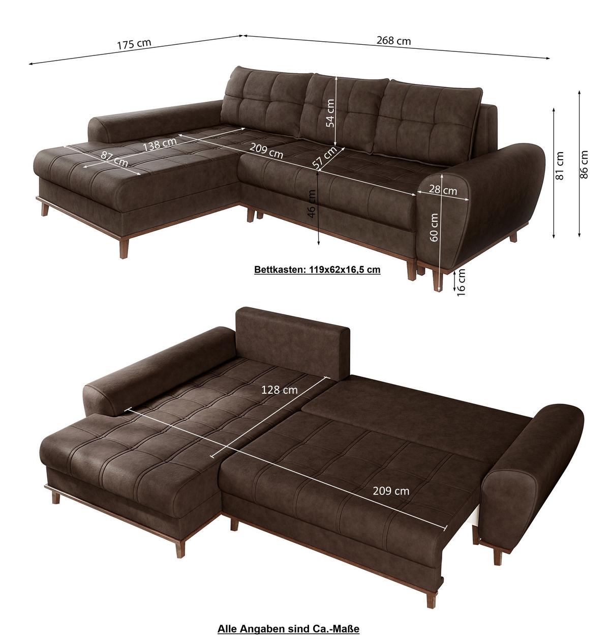 ECKSOFA im Scandi-Stil, Schlaffunktion, Bettkasten B268/T175/H86 cm, Ottomane links, Liegefl. 128x209 cm, Mikrofaserstoff in Vintage Braun / 21018 - Wildeiche/Eiche Bianco, Holz/Textil (268/175cm) - luma-home