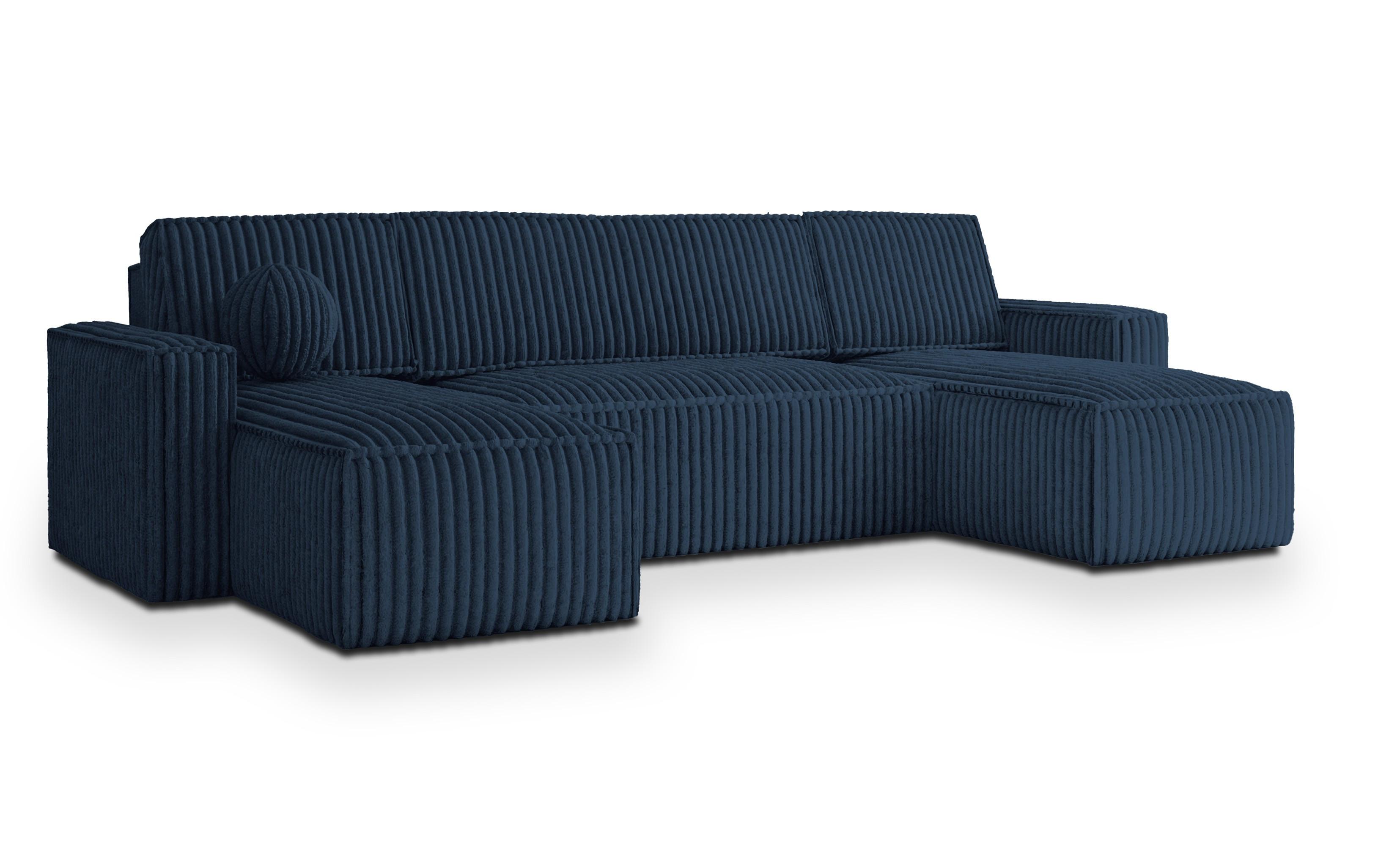 WOHNLANDSCHAFT PESANO T Blau Kordstoff mit Schlaffunktion - Blau/Grau, Holz/Kunststoff (306/85/140cm) - MASSENO