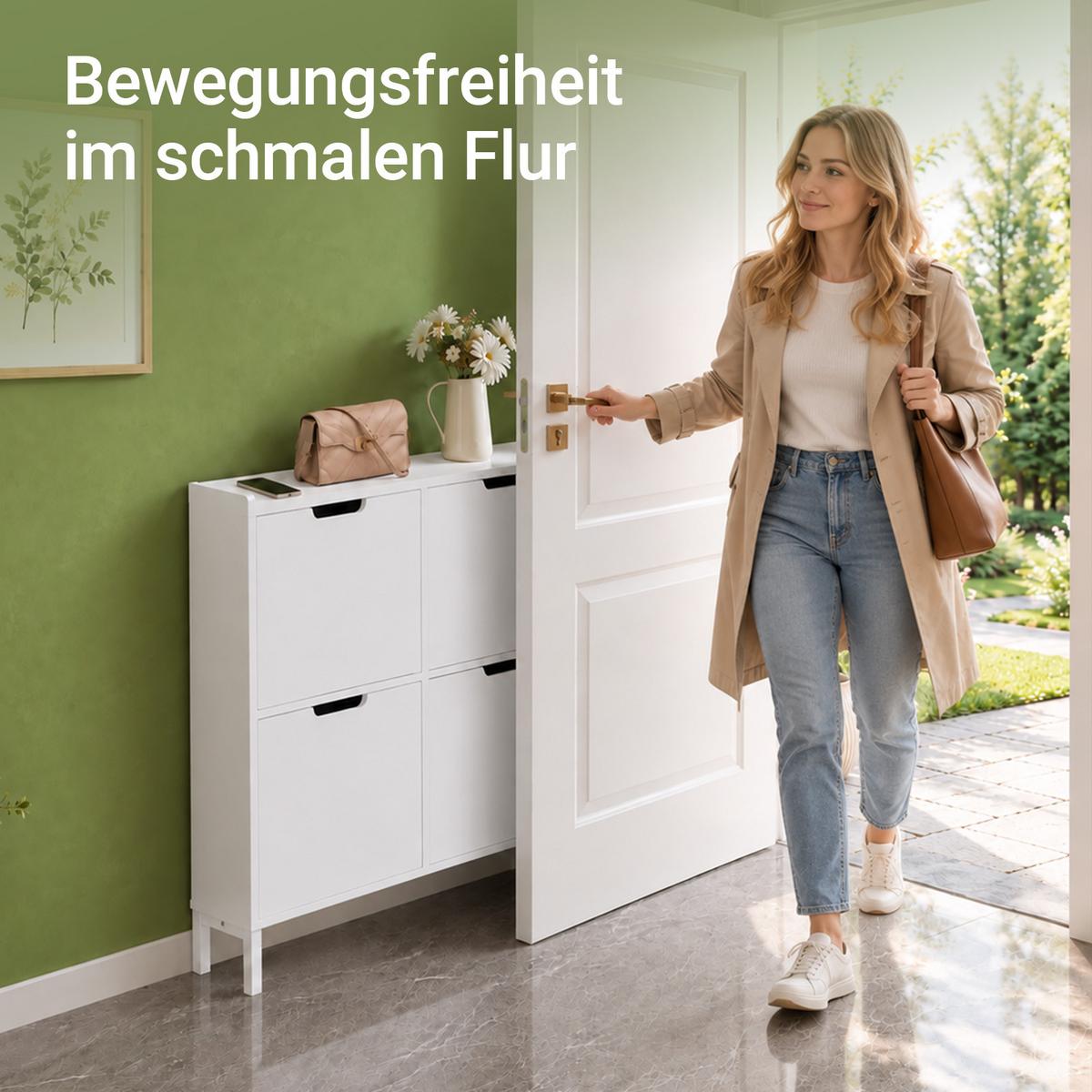SCHUHKIPPER mit 4 Klappen, schmaler Schuhschrank Weiß, 100x91x19 cm, nur 19 cm tief, skandinavisch, Flur & Diele, - Weiß, Holzwerkstoff/Metall (100/91/19cm) - SoBuy