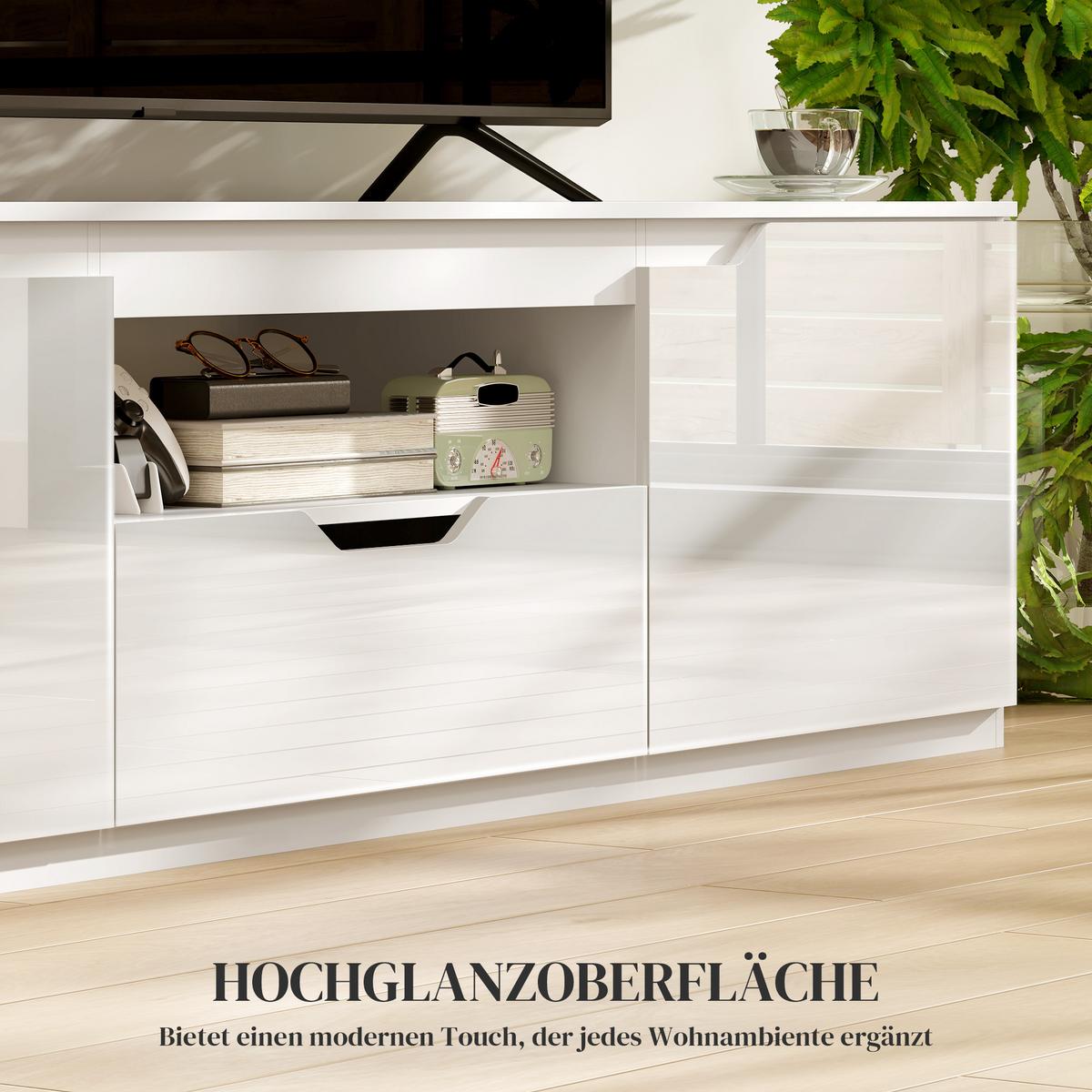 HOCHGLANZ TV-Lowboard für Fernseher bis 65 Zoll, 3 Fächer, Schublade, Weiß - Weiß Hochglanz/Weiß, Holzwerkstoff (38/43/160cm) - HOMCOM