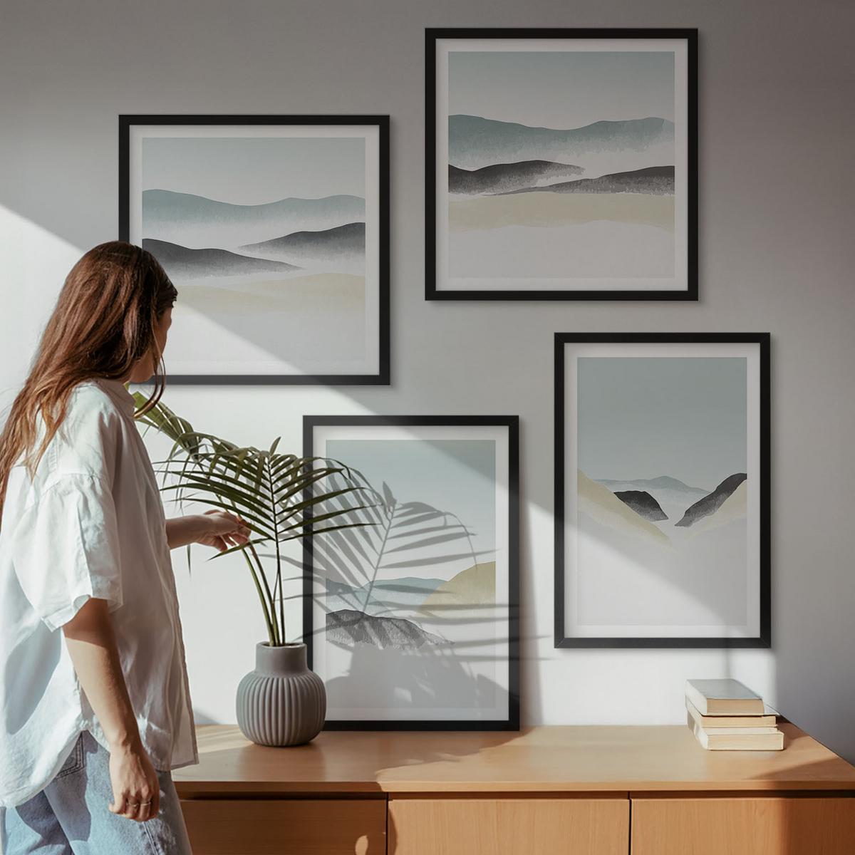 BILDER SET 4er Set - 50x50 cm & 40x60 cm Schwarzer Rahmen - Berge minimalistische Pastellfarben - Schwarz, Kunststoff (50/50cm) - TULUP
