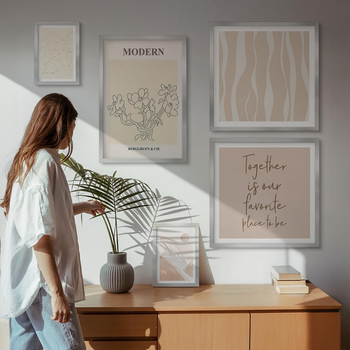 BILDER SET 5er Set - 50x50 cm & 20x30 cm & 40x60 cm Silberner Rahmen - Abstrakte Formen und Farben - Silberfarben, Kunststoff (40/60cm) - TULUP