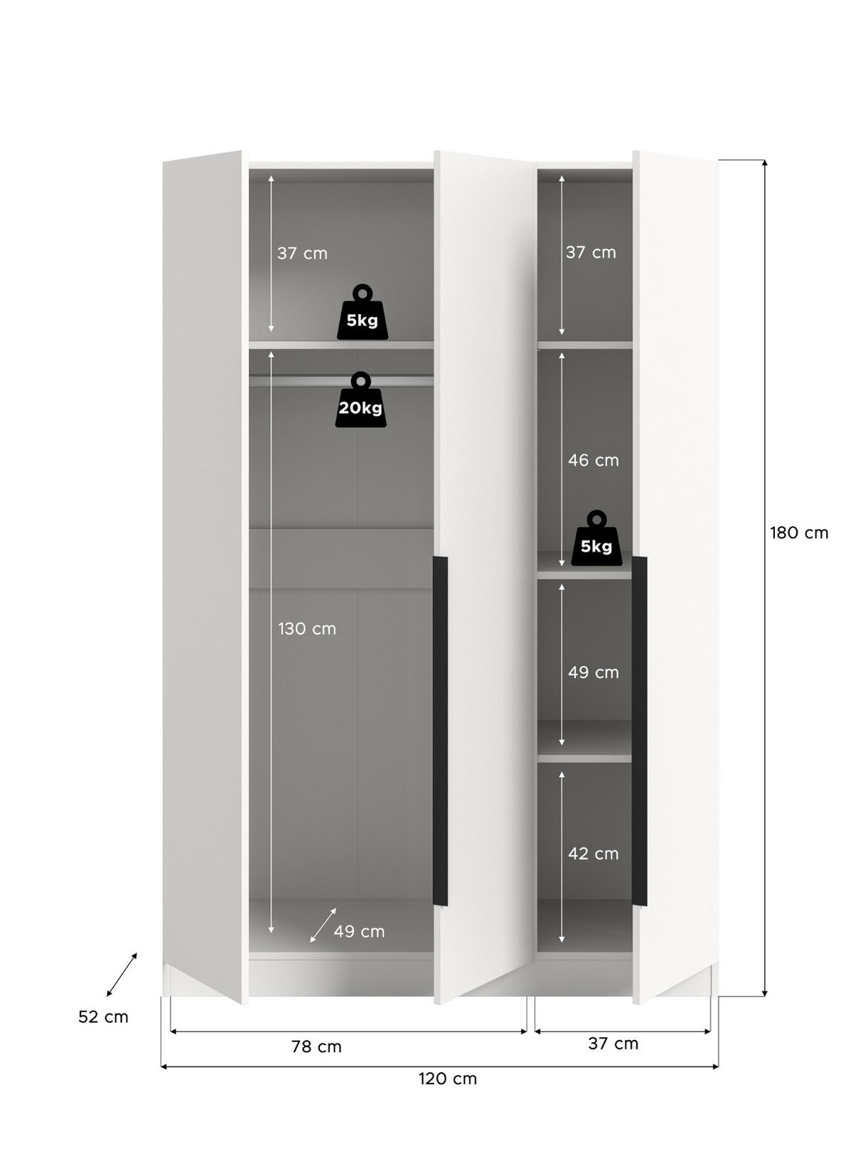 KLEIDERSCHRANK weiß 3-türig 120 x 181 cm, Drehtürenschrank mit Kleiderstange - Schwarz/Weiß, Holzwerkstoff/Kunststoff (120/181/52cm) - Inn.Furn