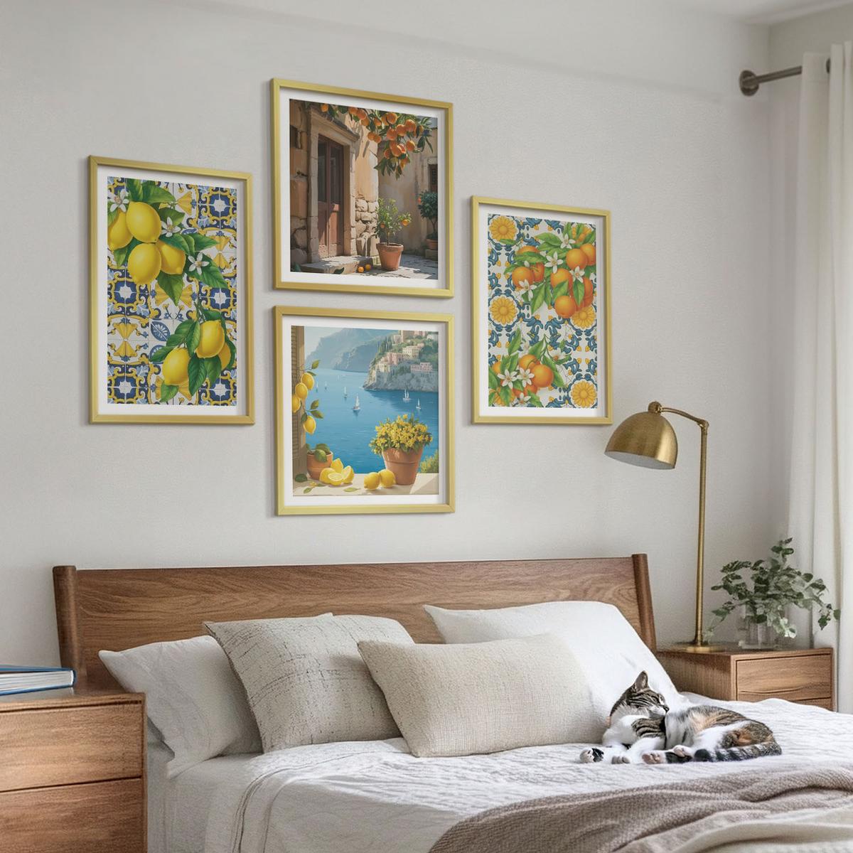 BILDER SET 4er Set - 50x50 cm & 40x60 cm Goldrahmen - Zitronen, Blumen, Orangen, Italien - Goldfarben, Kunststoff (50/50cm) - TULUP