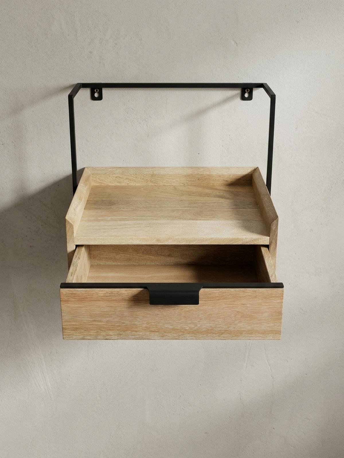 NACHTTISCH Mango Massivholz Wandmontage Schublade Boxspringbett, Beige 44x35x45 cm - Beige/Schwarz, Holz/Metall (44/45/35cm) - KADIMA DESIGN