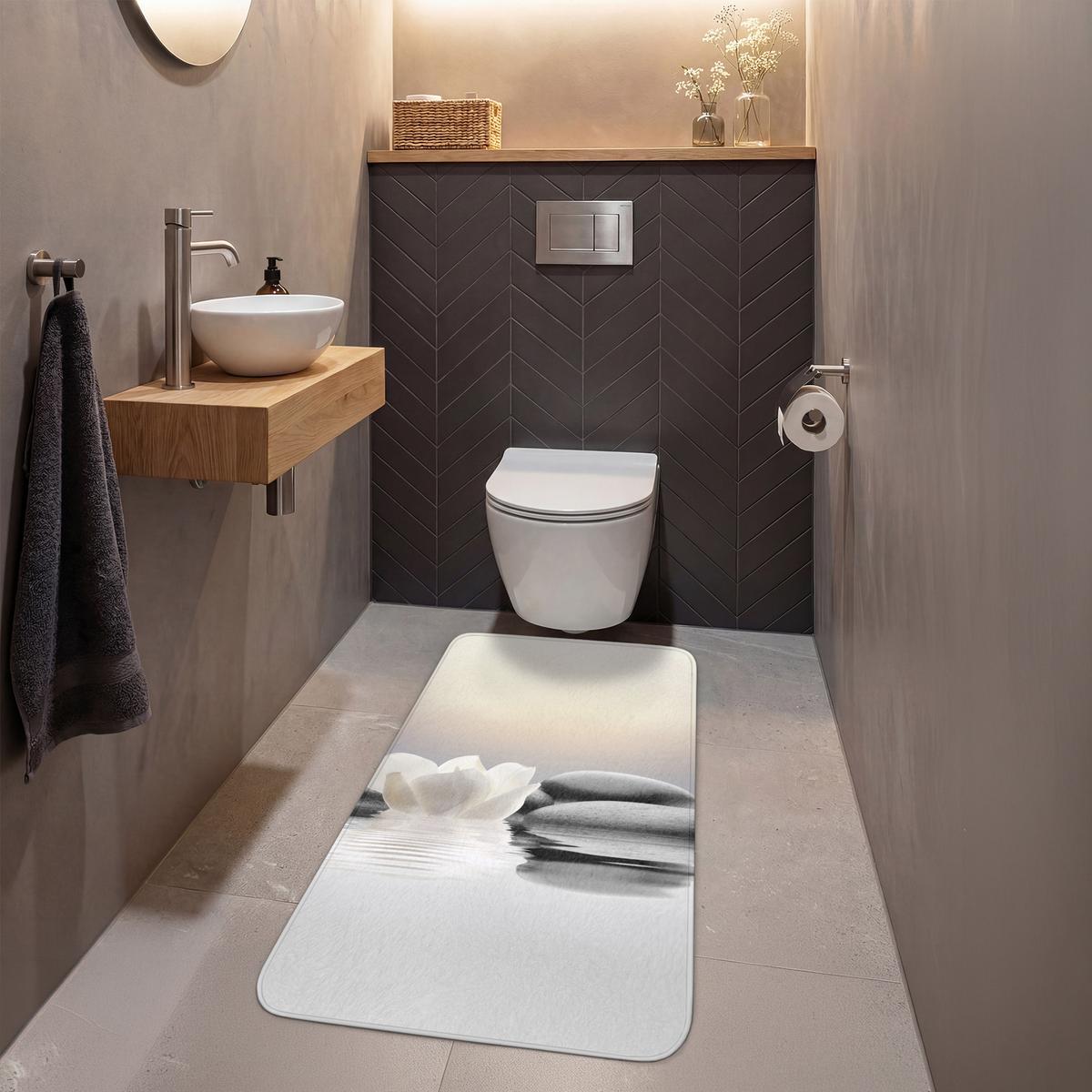 WC-VORLEGER Steine - Lotus - Weiß - Wasser - Zen Toilettenvorleger 60x120 cm - Weiß, Textil (60/1cm) - OnlyWow