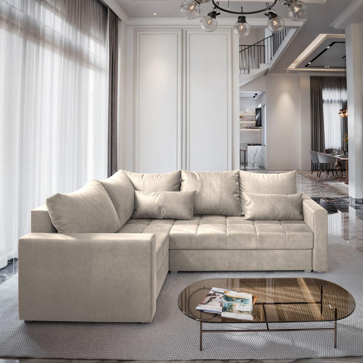 ECKSOFA LIRENO R-S Beige Plüsch-Stoff mit Schlaffunktion - Beige/Grau, Holz/Kunststoff (220/153cm) - MASSENO