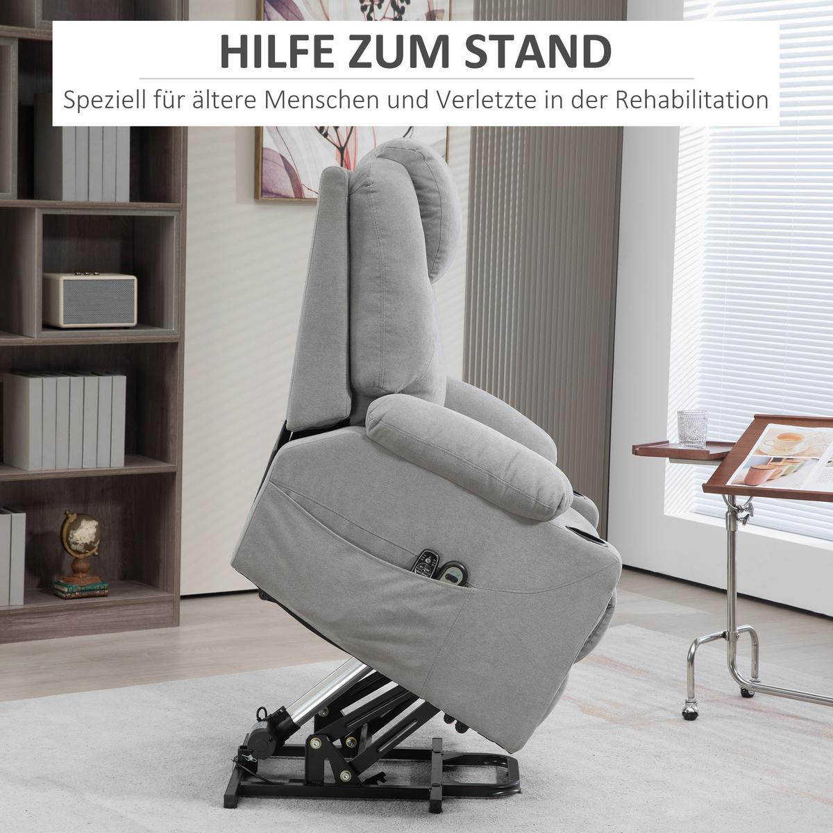 FERNSEHSESSEL mit Aufstehhilfe, Hellgrau - Hellgrau/Schwarz, Textil/Metall (90/107/101cm) - HOMCOM
