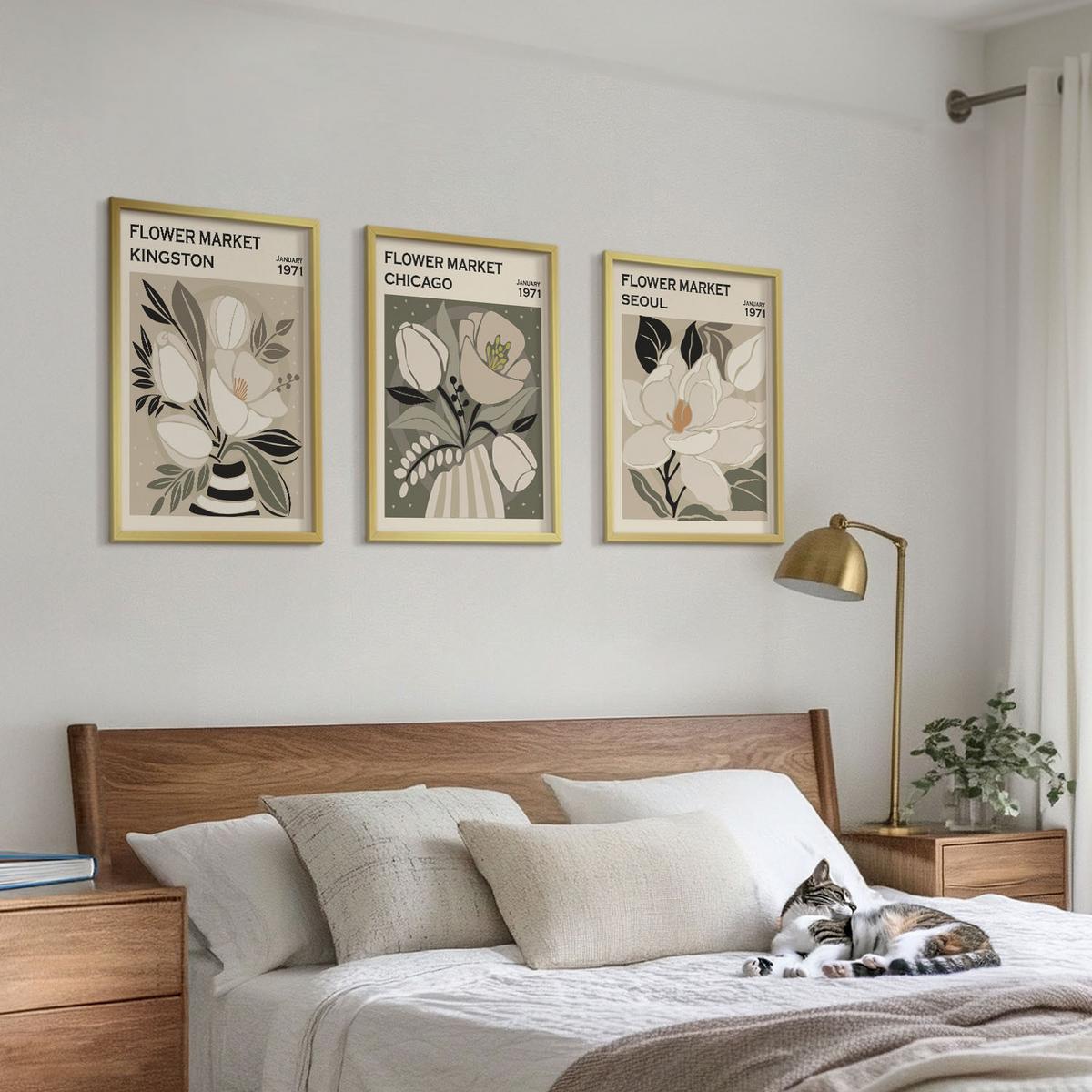 BILDER SET 3er Set - 40x60 cm Goldrahmen - Blumen Kingston Seoul Chicago Retro - Goldfarben, Kunststoff (40/60cm) - TULUP