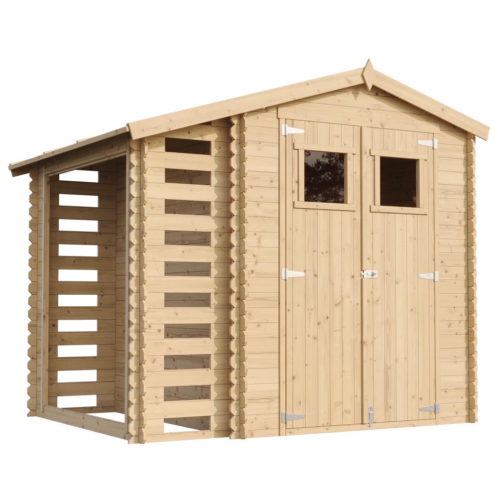 HOLZHAUS GARTENHAUS Mit Brennholzschuppen M386 - B272xL206xH218 cm/ 3,53 + 0,97 m2 - Beige, Holz (256/218/206cm) - Timbela