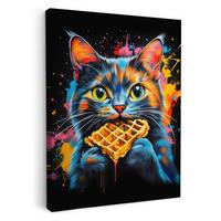 LEINWANDBILD Katze - Graffiti - Bunt - Waffel - Essen Wandbild Wohnzimmer 60x80 cm - Türkis, Textil (60/80cm) - MuchoWow