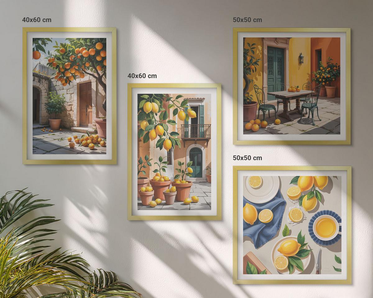 BILDER SET 4er Set - 50x50 cm & 40x60 cm Goldrahmen - Zitrusbäume in einem sonnigen Garten - Goldfarben, Kunststoff (50/50cm) - TULUP