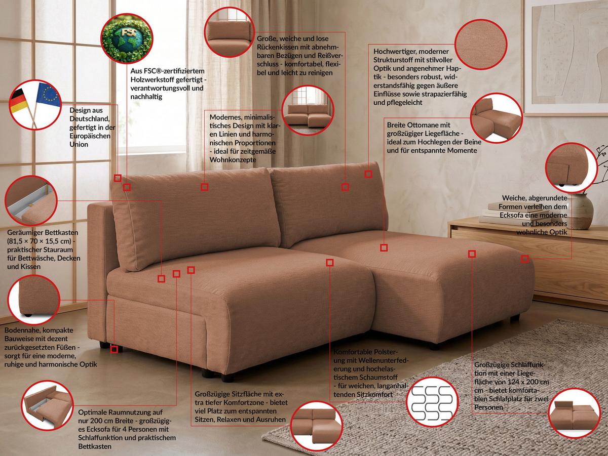ECKSOFA Sora mit Schlaffunktion, Bettkasten und extra tiefer Komfortzone aus hochwertigem Terrakotta Strukturstoff - Terracotta/Schwarz, Holz/Kunststoff (200/140cm) - S-Style