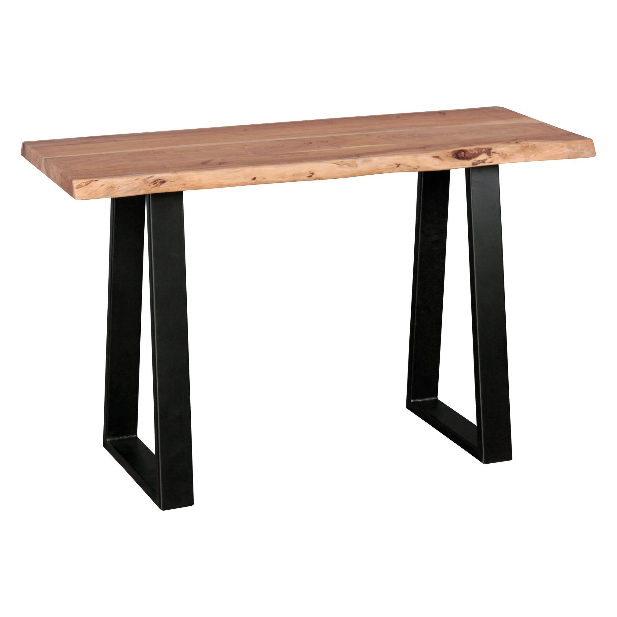 KONSOLENTISCH – Akazie Massivholz, 120 cm breit, 2 Metallbeine, mit Baumkante, Landhausstil - Schwarz/Akaziefarben, Holz/Metall (120/45/75cm) - KADIMA DESIGN