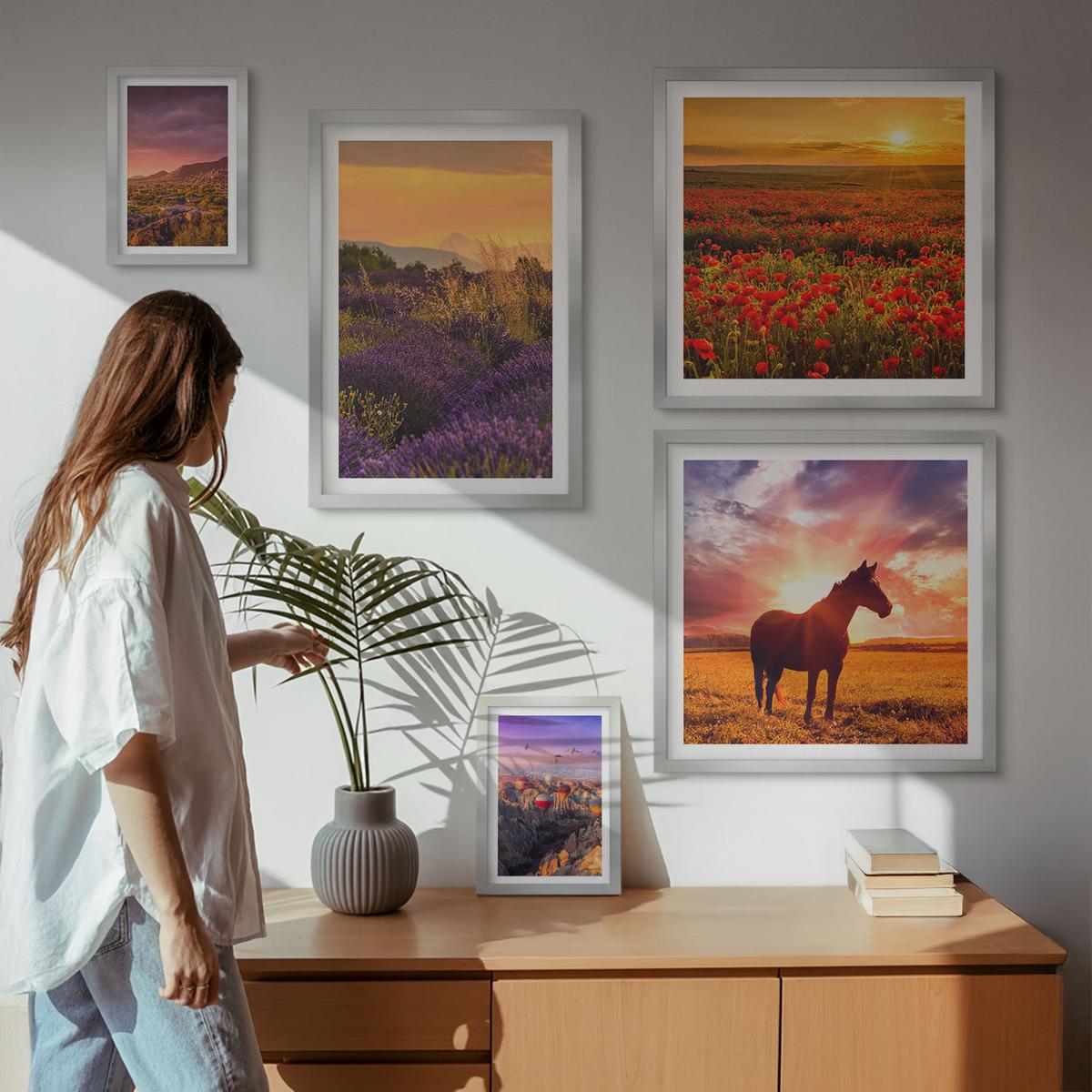 BILDER SET 5er Set - 50x50 cm & 20x30 cm & 40x60 cm Silberner Rahmen - Berglandschaft Rosslavendel - Silberfarben, Kunststoff (40/60cm) - TULUP