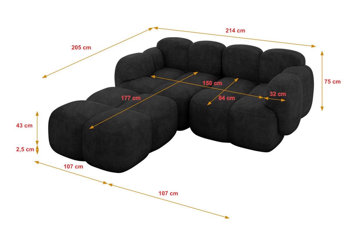 ECKSOFA modulares Sofa Links Miko-L1 214x205x75 Schwarz Velours - Schwarz, Holzwerkstoff/Kunststoff (214/205cm) - ALTDECOR