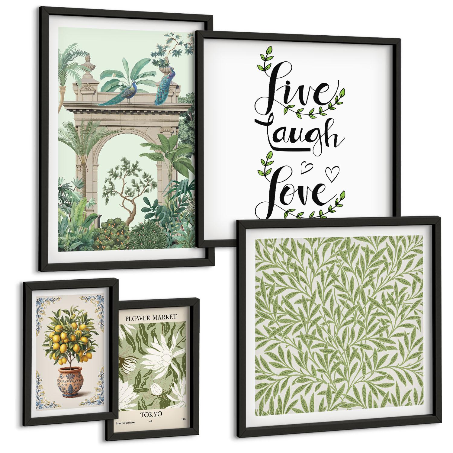 BILDER SET 5er Set - 50x50 cm & 20x30 cm & 40x60 cm Schwarzer Rahmen - Grüne Blätter exotischer Pflanzen - Schwarz, Kunststoff (40/60cm) - TULUP