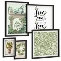 BILDER SET 5er Set - 50x50 cm & 20x30 cm & 40x60 cm Schwarzer Rahmen - Grüne Blätter exotischer Pflanzen - Schwarz, Kunststoff (40/60cm) - TULUP