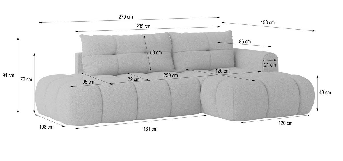 ECKSOFA FLUMA R-S Hellgrau Boucle-Stoff mit Schlaffunktion - Hellgrau, Holz (279/158cm) - MASSENO