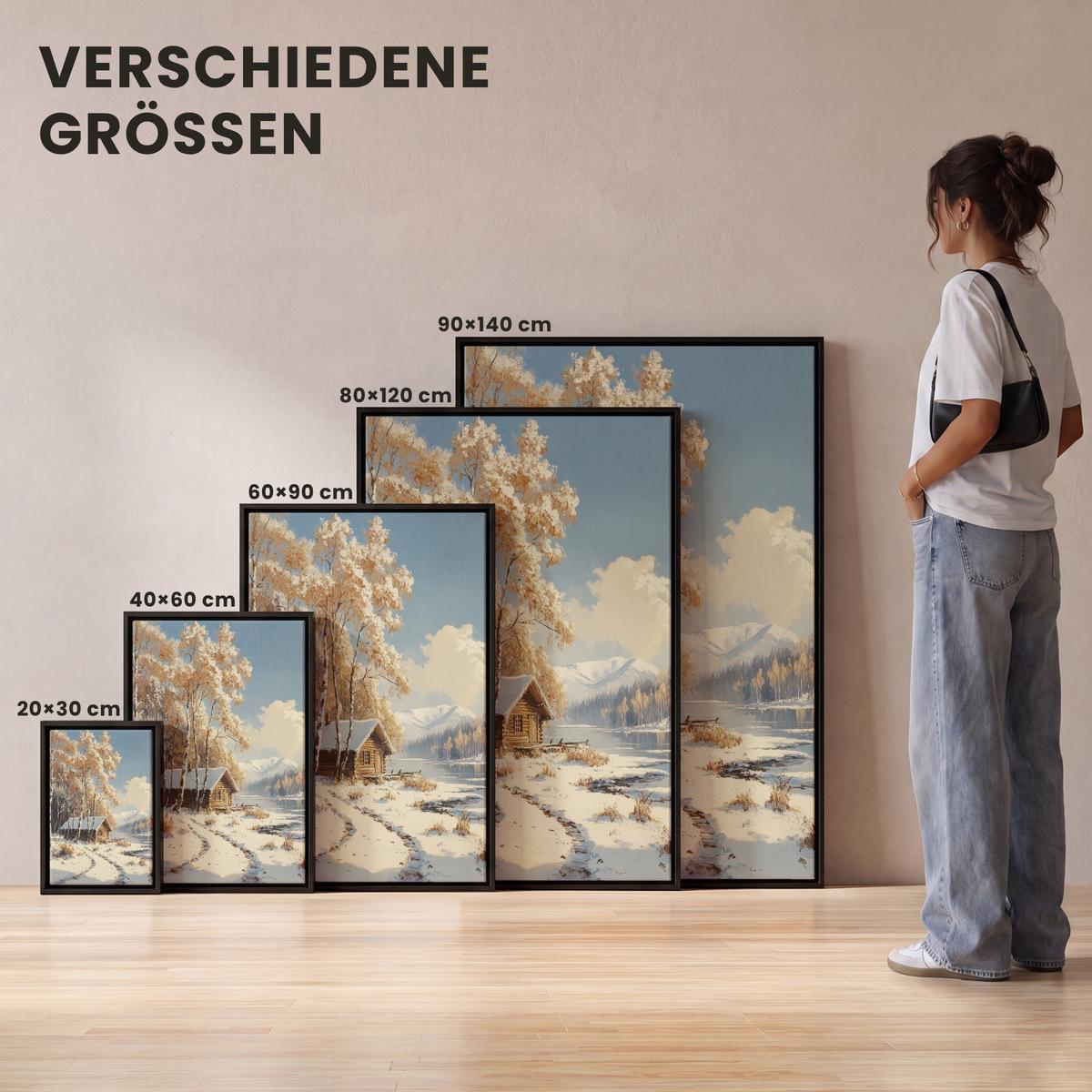 LEINWAND Bilder mit Rahmen - Winter - Schnee - Zuhause - Natur - 90x140 - Hellbraun, Textil (90/140cm) - MuchoWow