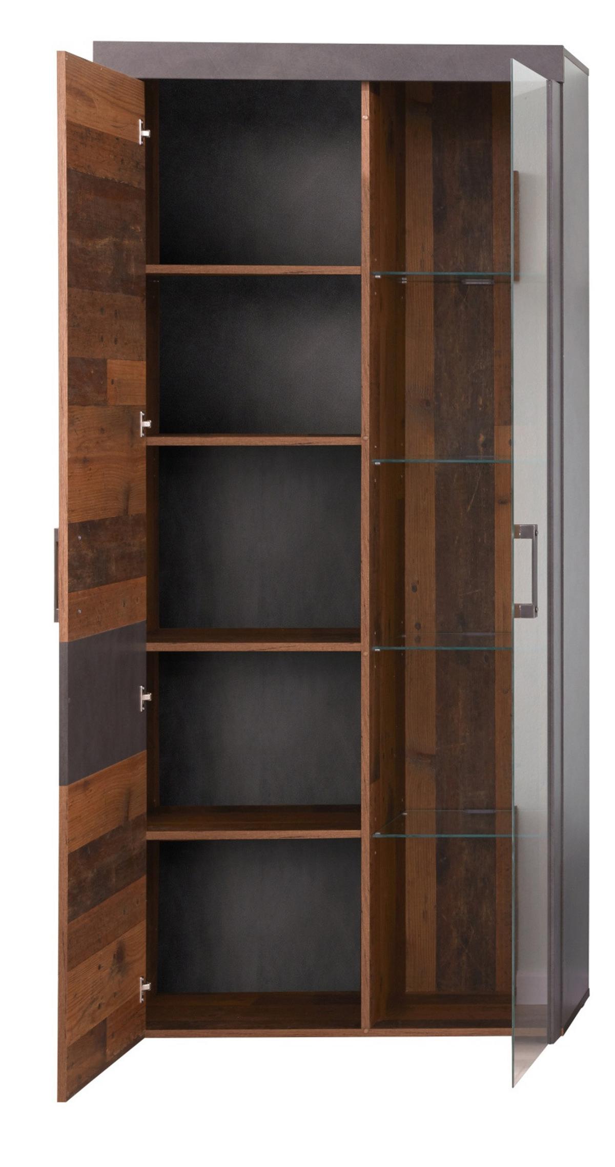 VITRINE Used Wood Altholz Design mit Grau, Vitrinenschrank mit LED Beleuchtung - Silberfarben/Schwarz, Glas/Holzwerkstoff (87/189/34cm) - Top.Furn