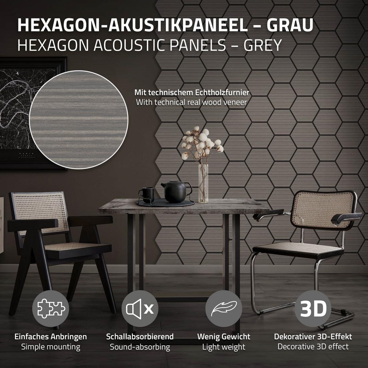 AKUSTIKPANEEL 2er Set Schallschutzplatten Hexagon Grau Holzoptik 66x81x2 cm aus Filz - Grau, Holzwerkstoff (2.1/81.1/66.6cm) - ML-DESIGN