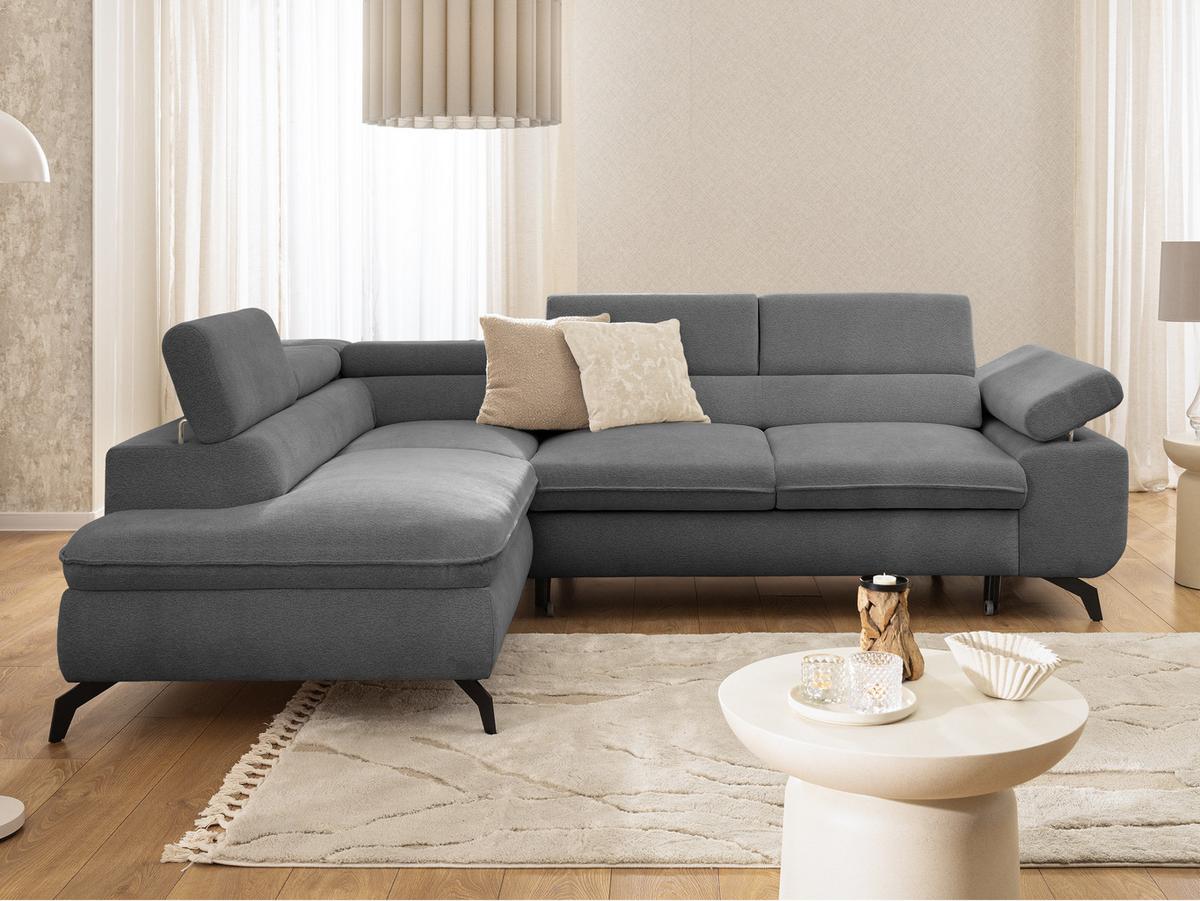 ECKSOFA mit Schlaffunktion und Bettkasten Bonnie aus Grau Chenille-Stoff mit verstellbaren Kopfstützen und Armlehne - Ottomane links - Schwarz/Grau, Holz/Textil (275/210cm) - S-Style Möbel