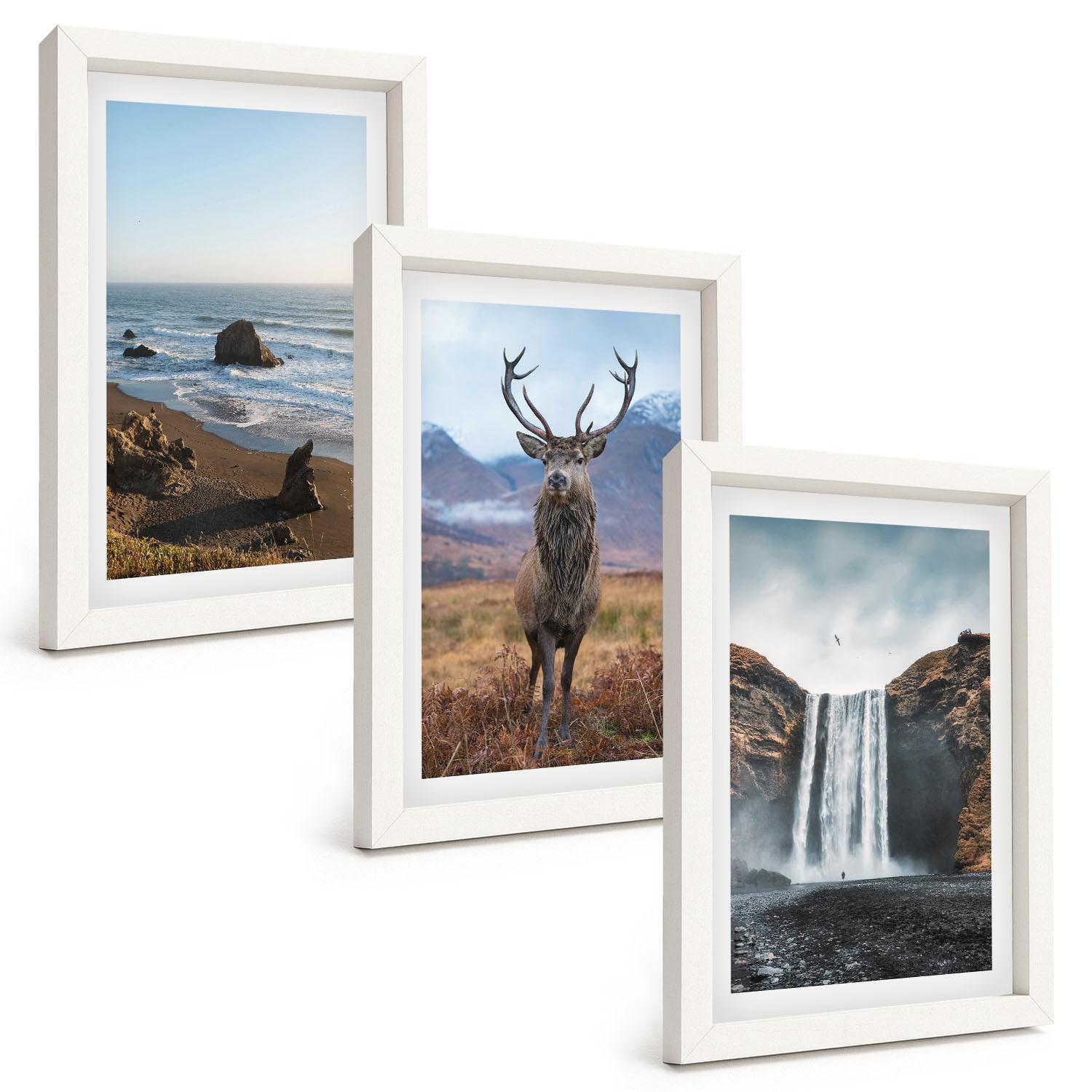 BILDER SET 3er Set - 20x30 cm Weißer Rahmen - Berglandschaften mit einem Wasserfall - Weiß, Kunststoff (20/30cm) - TULUP