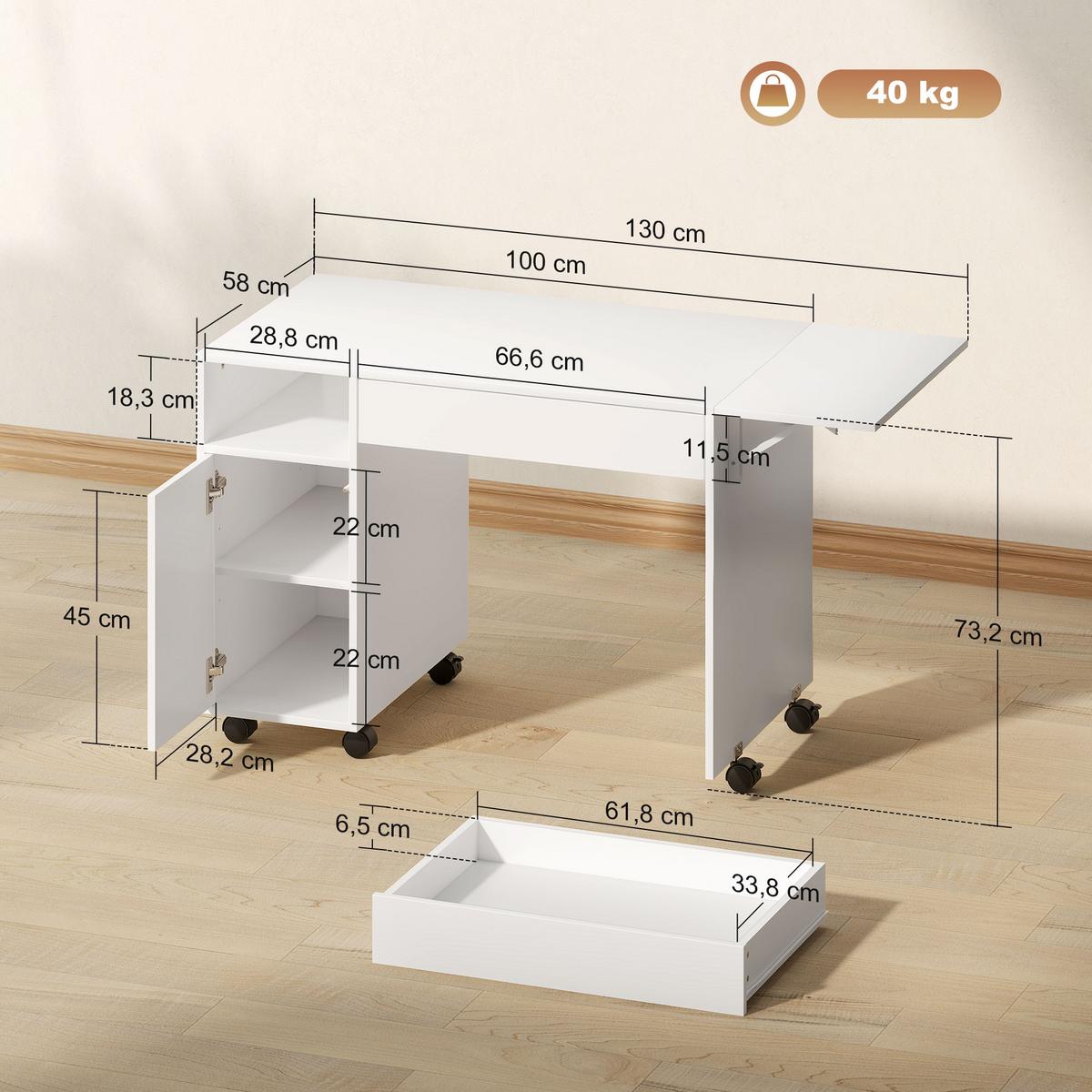 ROLLBARER Computertisch, klappbarer Schreibtisch mit Schrank und Schublade - Weiß, Holzwerkstoff (130/58/73.2cm) - HOMCOM