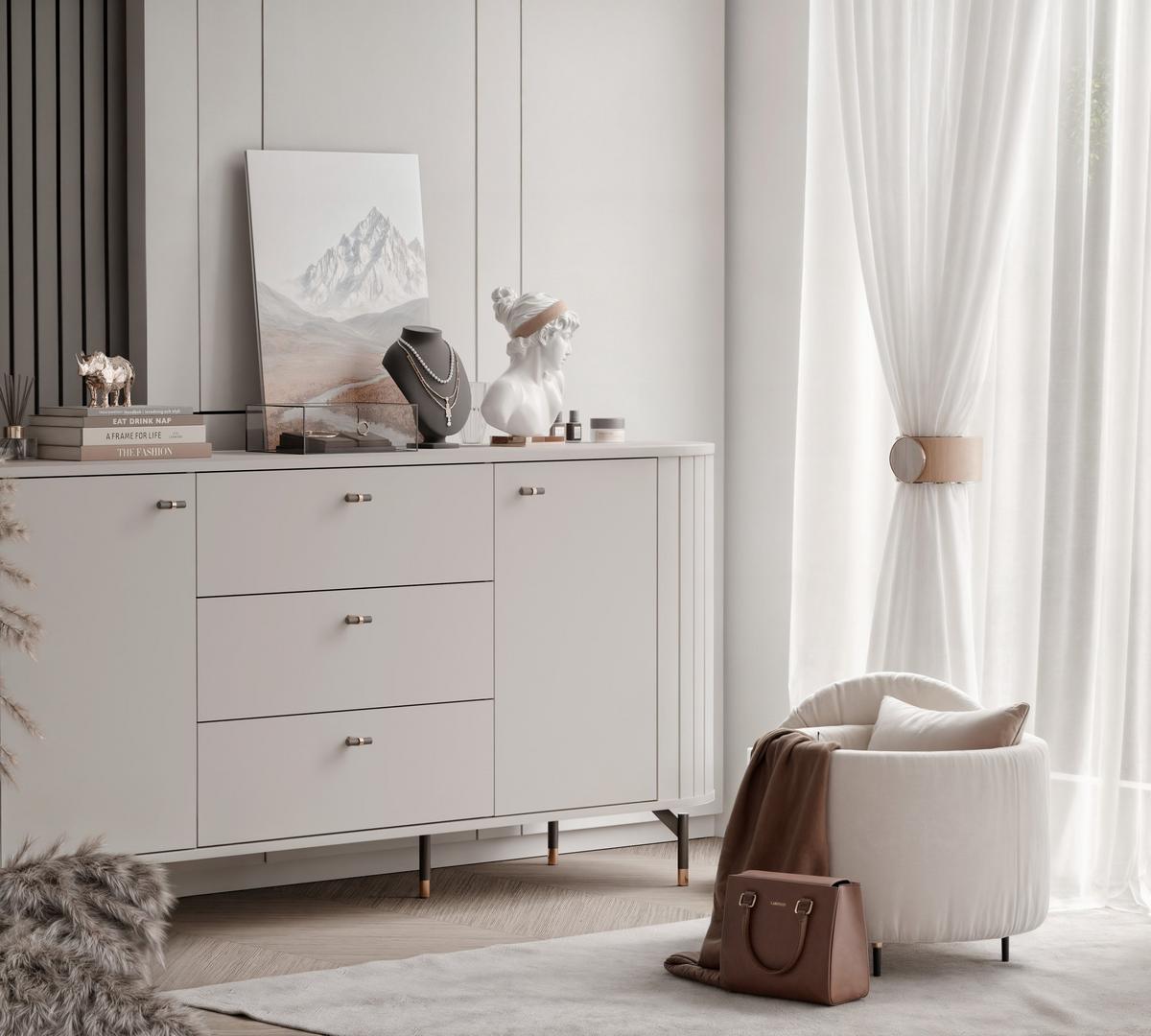 KOMMODE geriffelt, mit drei Schubladen, Kaschmir - Kaschmir, Holzwerkstoff (190/81/40cm) - Idohome