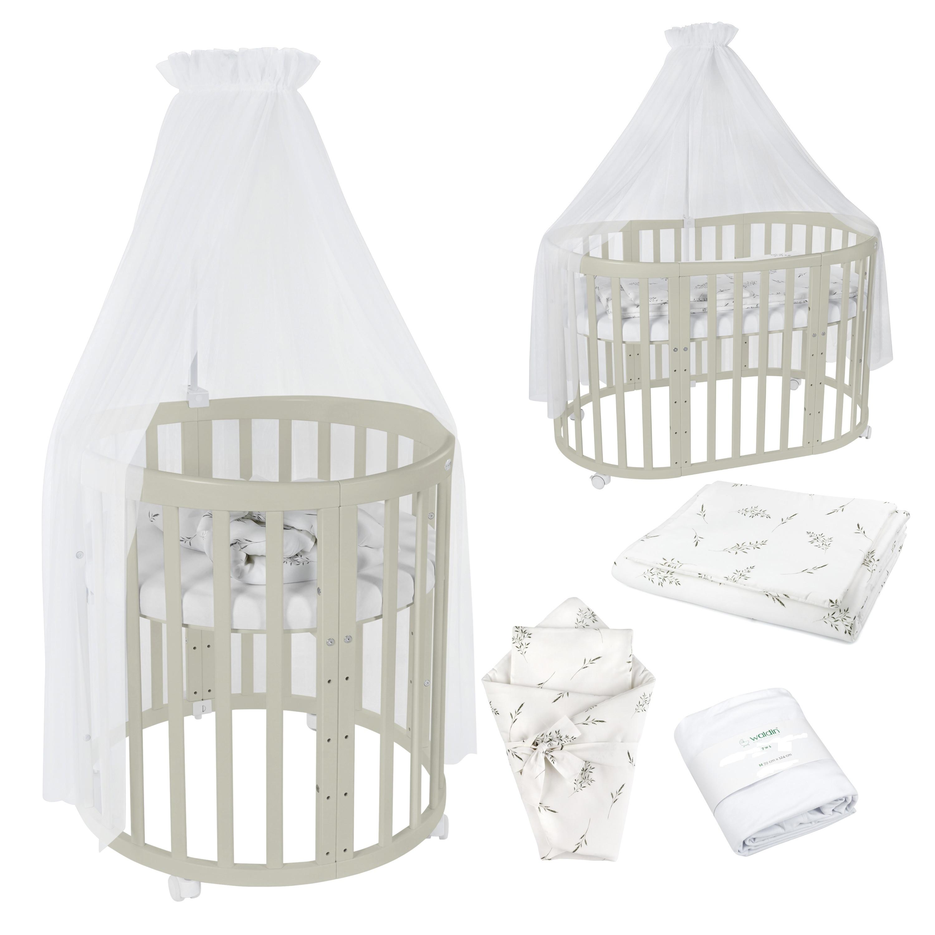 BABYBETT OLIVE OVAL 7in1 mit Matratze und Himmelset - Olivgrün/Weiß, Holz/Textil (73/125cm) - waldin