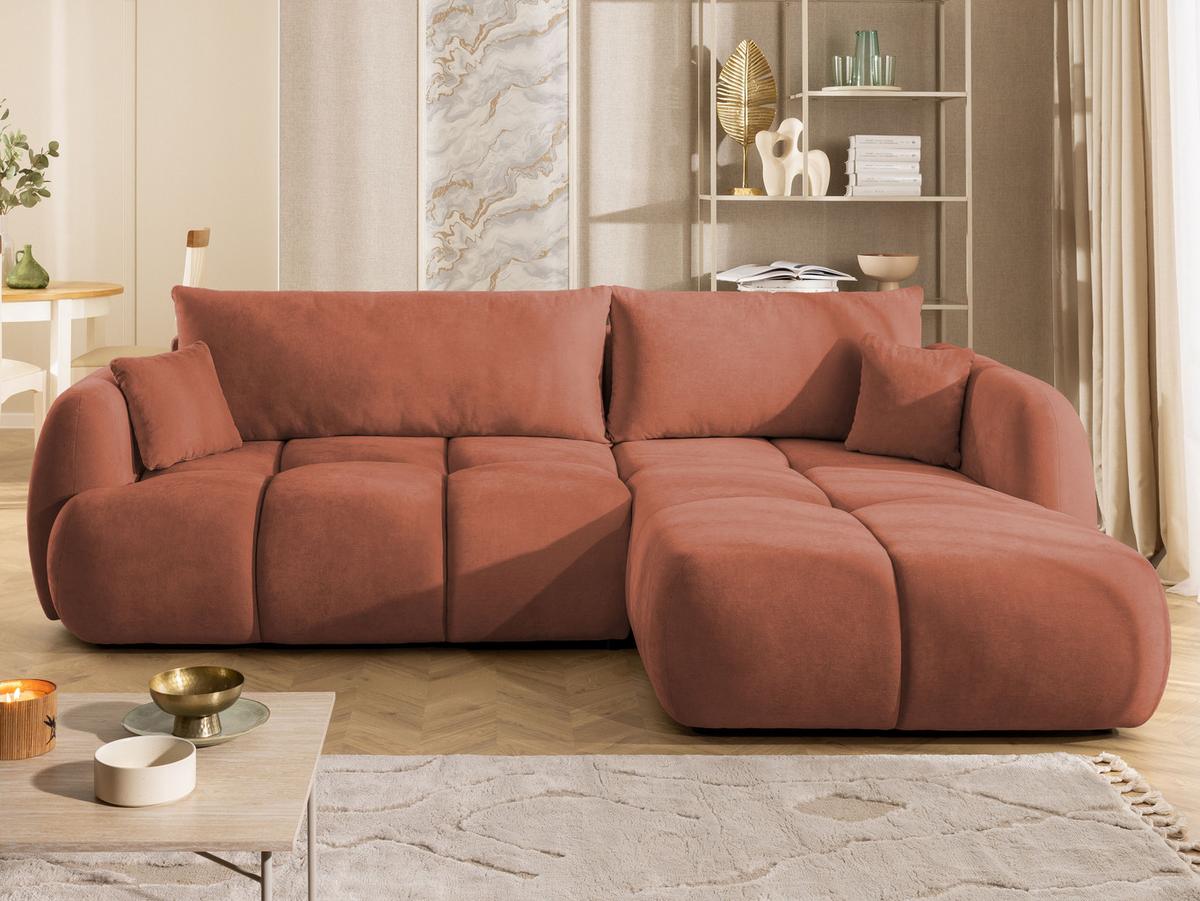 ECKSOFA Loretto aus natürlichem Terrakotta Webstoff mit Schlaffunktion, Bettkasten und tiefen Steppungen in Bubble-Optik - Terracotta/Schwarz, Holz/Kunststoff (275/180cm) - S-Style