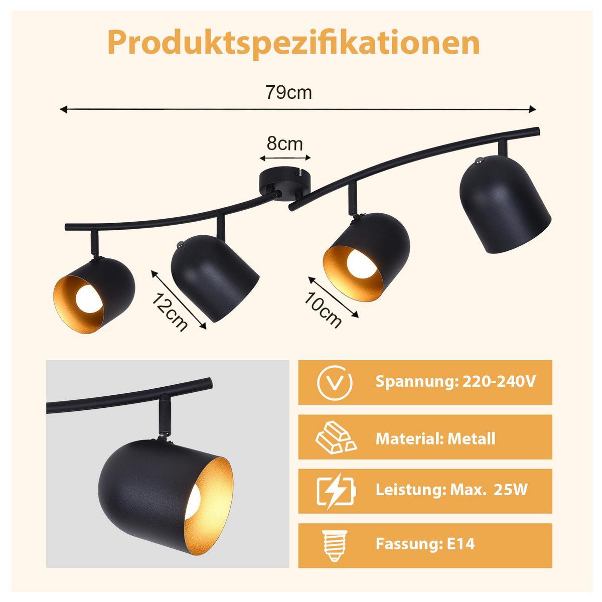 DECKENSTRAHLER Gera 4-flammig 79/12/21 cm - Schwarz, Metall (79/12/21cm) - Nettlife