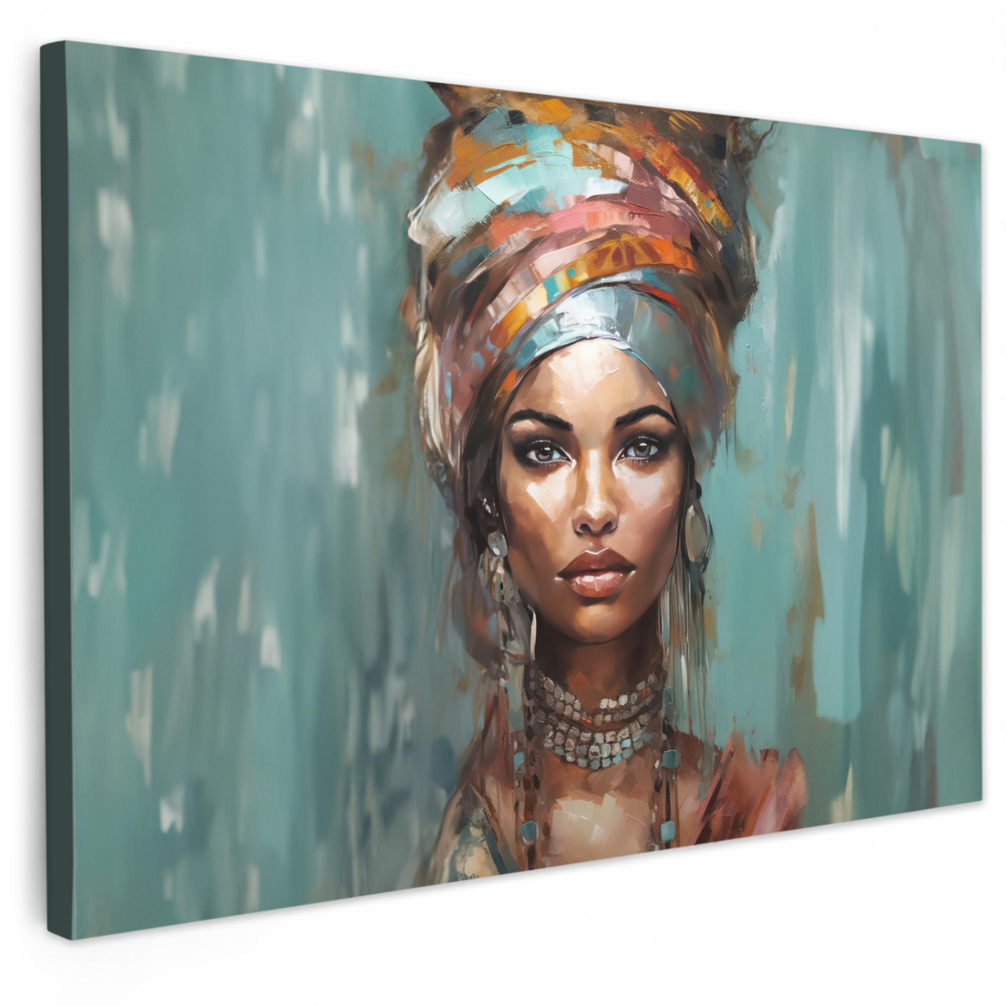 LEINWANDBILD Frau - Kunst - Schmuck - Porträt Gemälde 60x40 cm - Blaugrau, Textil (60/40cm) - MuchoWow