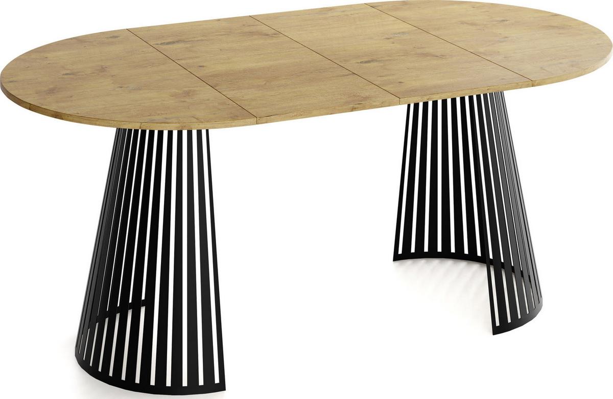 ESSTISCH Naro rund ausziehbar mit Schwarzem Lamellen-Metallgestell, Braun 100-180/100/76 cm - Eichefarben/Schwarz, Holzwerkstoff/Metall (100/176/76cm) - WFL GROUP