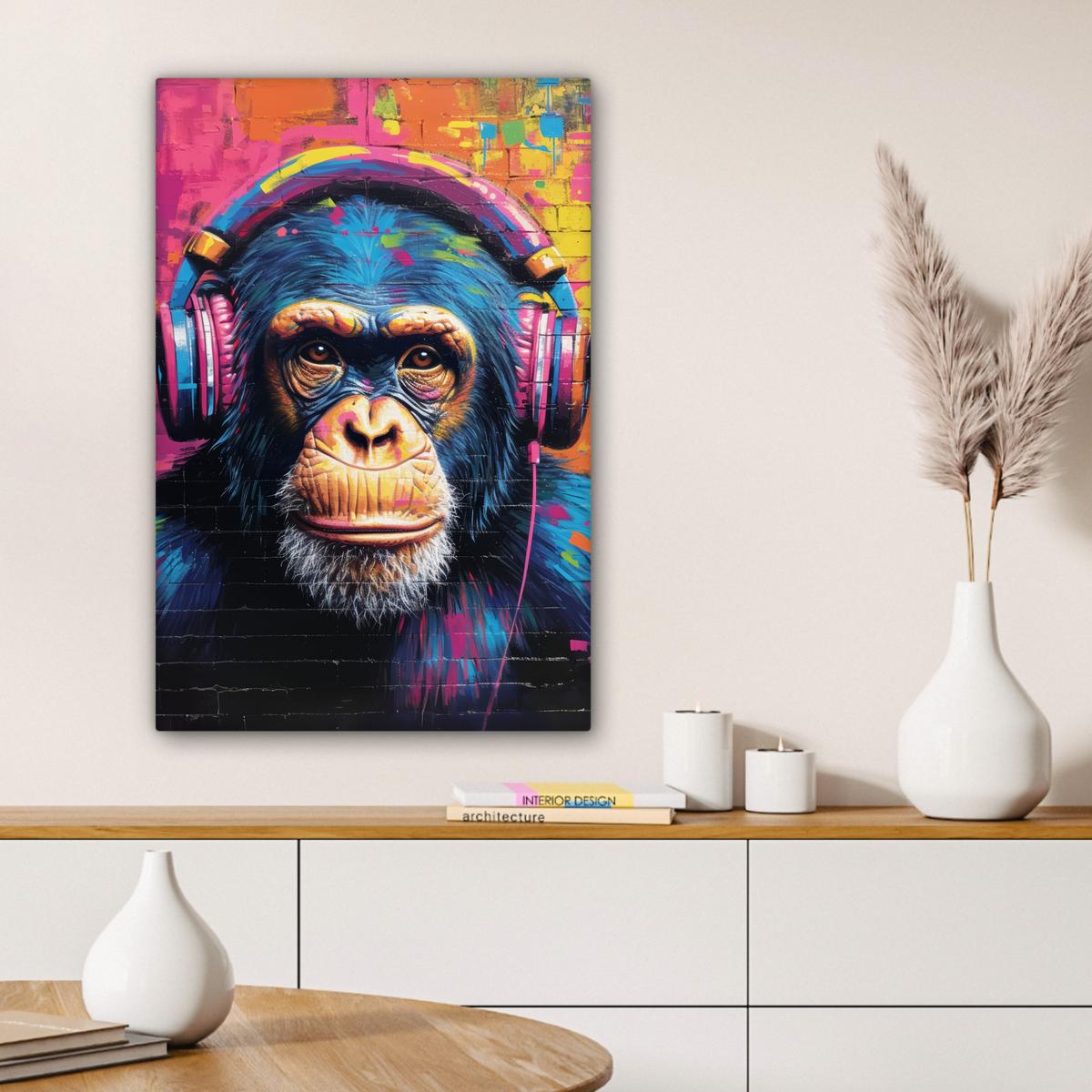 LEINWANDBILD Graffiti - Schimpanse - Straßenkunst - Kopfhörer - Affe Wanddeko Schlafzimmer 60x90 cm - Blau, Textil (60/90cm) - MuchoWow