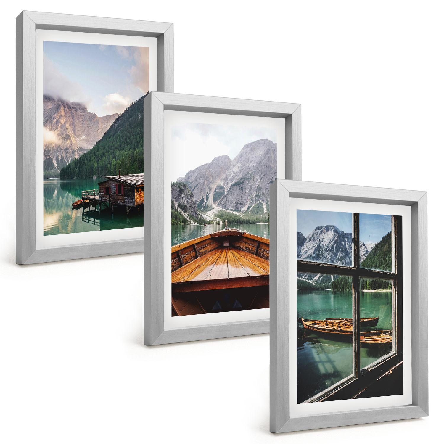 BILDER SET 3er Set - 20x30 cm Silberner Rahmen - Hütten am Bergsee Łódź - Silberfarben, Kunststoff (20/30cm) - TULUP