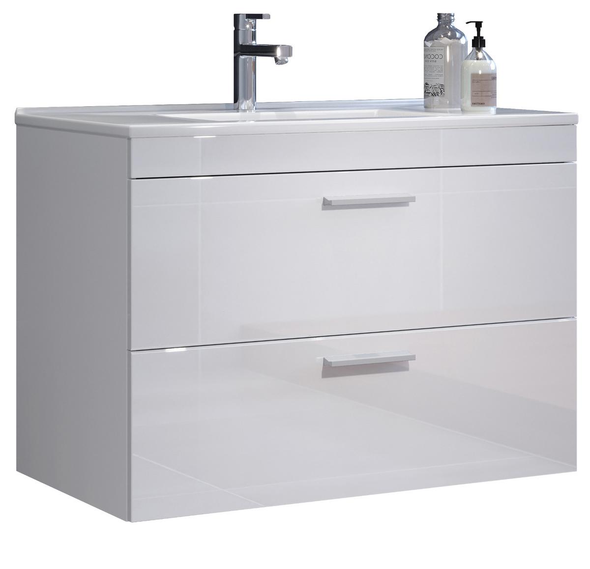 WASCHBECKENUNTERSCHRANK mit Waschbecken weiß Hochglanz, Waschtisch hängend 81 x 59 cm - Weiß Hochglanz/Silberfarben, Holzwerkstoff/Kunststoff (81/59/47cm) - Top.Furn