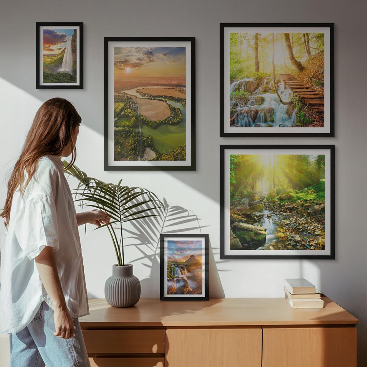 BILDER SET 5er Set - 50x50 cm & 20x30 cm & 40x60 cm Schwarzer Rahmen - Orange Mountain Wasserfall - Schwarz, Kunststoff (40/60cm) - TULUP