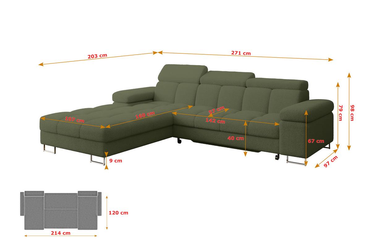 ECKSOFA mit Schlaffunktion Ottomane Links 271x203x79 Grün Bouclé - Smaragdgrün, Holzwerkstoff/Textil (271/203cm) - ALTDECOR