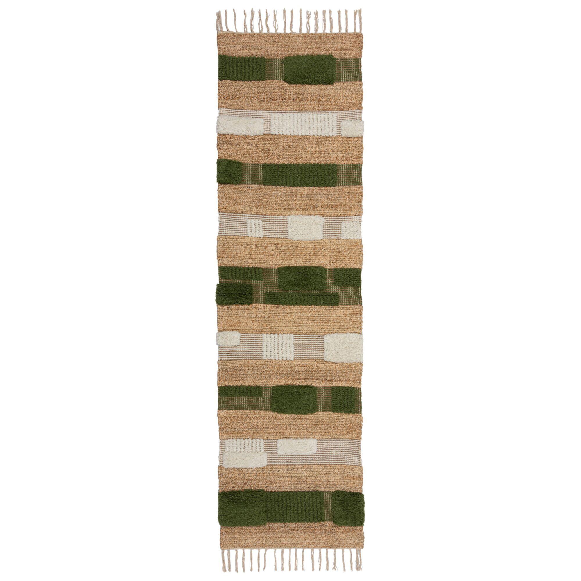JUTETEPPICH handgewebt mit Fransen WHARFE, im Patchwork-Stil, Natur-Grün, 60 x 230 cm - Grün, Textil (60/230cm) - KADIMA DESIGN