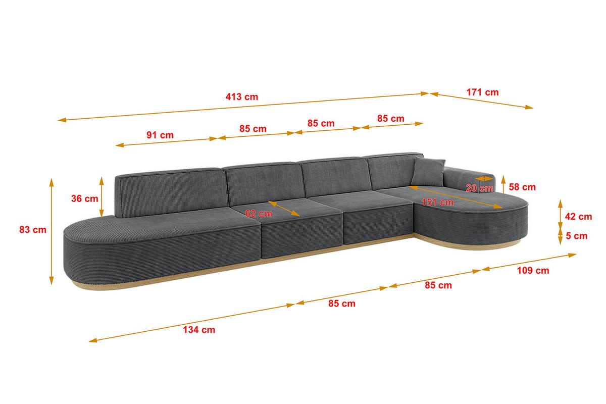 ECKSOFA Ottomane Rechts MARI-L3-v2 - 413x171x83 cm Dunkelgrau Cord - Dunkelgrau, Holzwerkstoff/Textil (171/413cm) - ALTDECOR