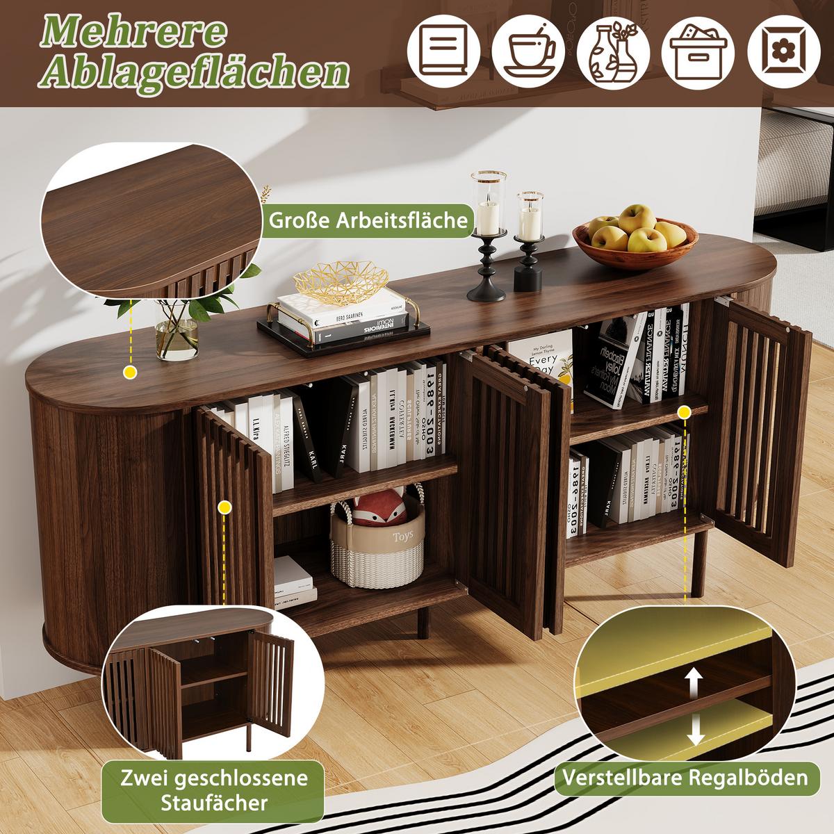 SIDEBOARD Walnuss Holzoptik 160cm mit 4 Lamellentüren & Metallfüßen - Walnussfarben, Holzwerkstoff (160/70/40cm) - Urban Meuble