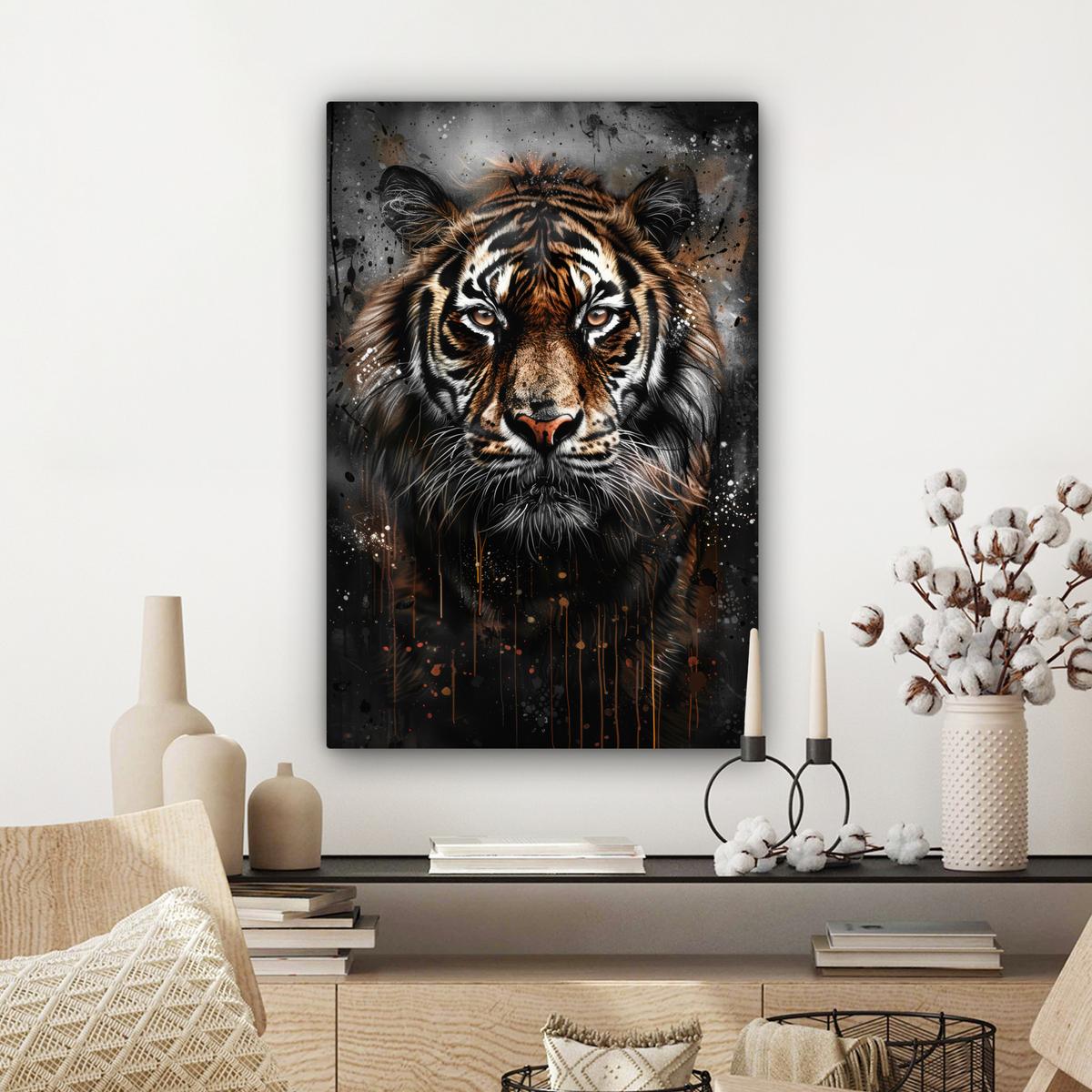 LEINWANDBILD Tiger - Tiere - Porträt - Luxus - Schwarz Wanddeko 40x60 cm - Anthrazit, Textil (40/60cm) - MuchoWow