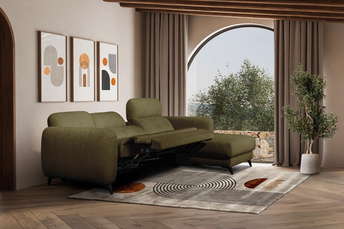 ECKSOFA SVEN 3-Sitzer, 1 Relax XL, verstellbare Kopfstützen, olivgrün - Schwarz/Olivgrün, Holzwerkstoff/Textil (256/163cm) - Wozimo